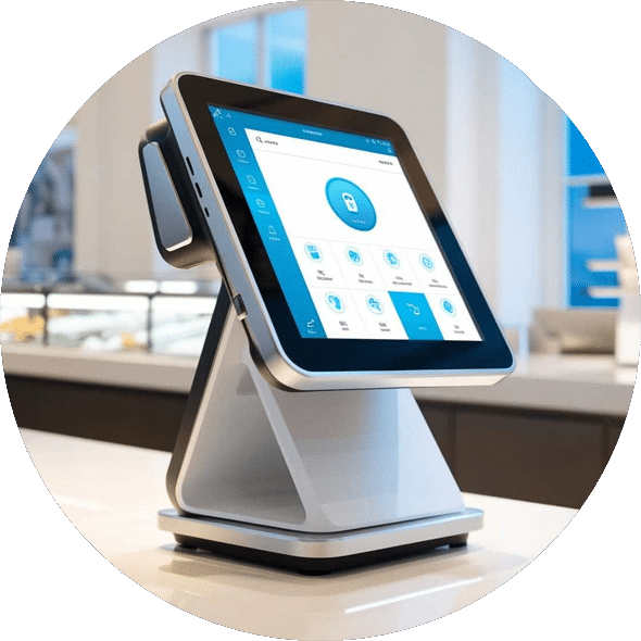 Terminal de sistema punto de venta (POS) con interfaz digital para gestión de ventas, inventario y operaciones de negocio